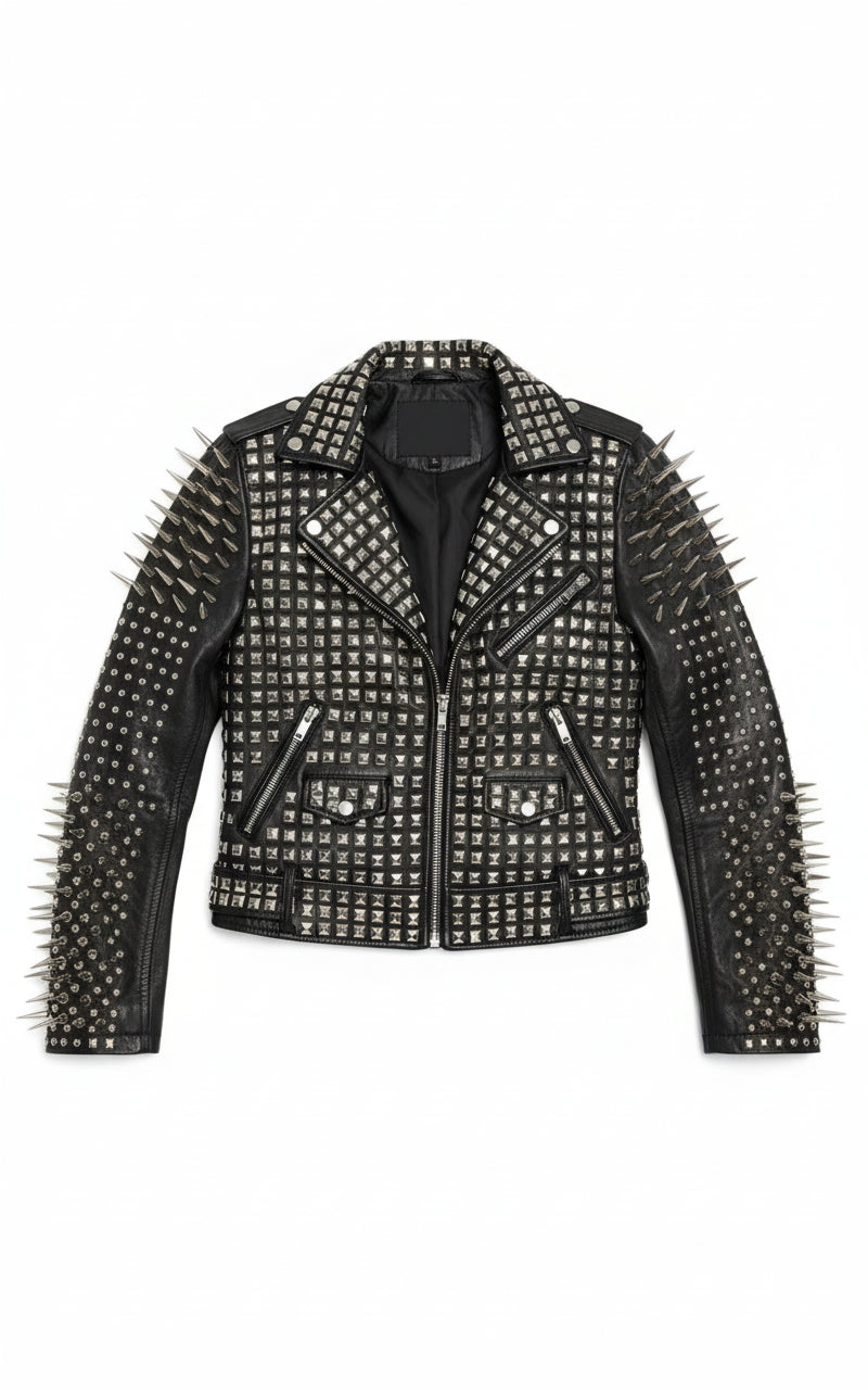 close-up-lay-flat - Punk Handmade Women Black Leather Studded Moto Jacket, Rock Jacket
