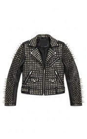close-up-lay-flat - Punk Handmade Women Black Leather Studded Moto Jacket, Rock Jacket