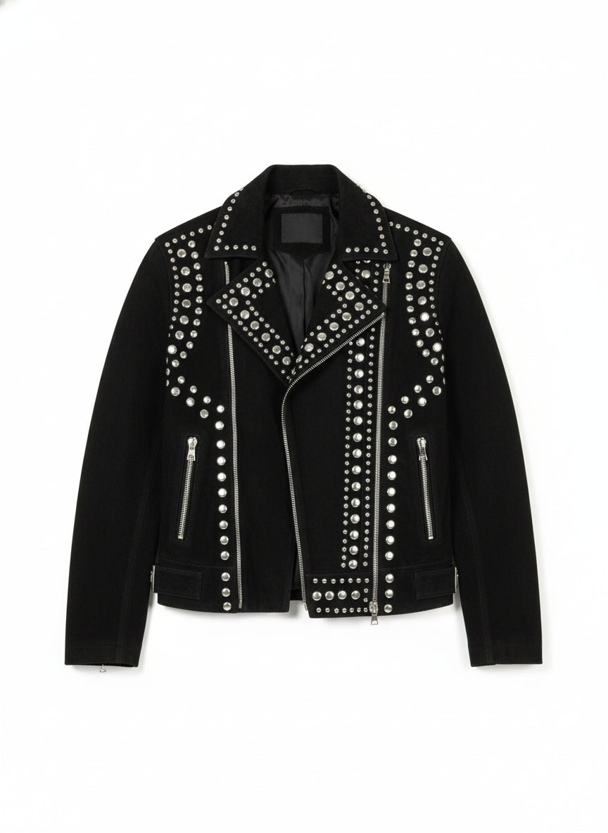 close-up-lay-flat - Punk Men Black Studded Jacket, Suede Studded Jacket, Jackets