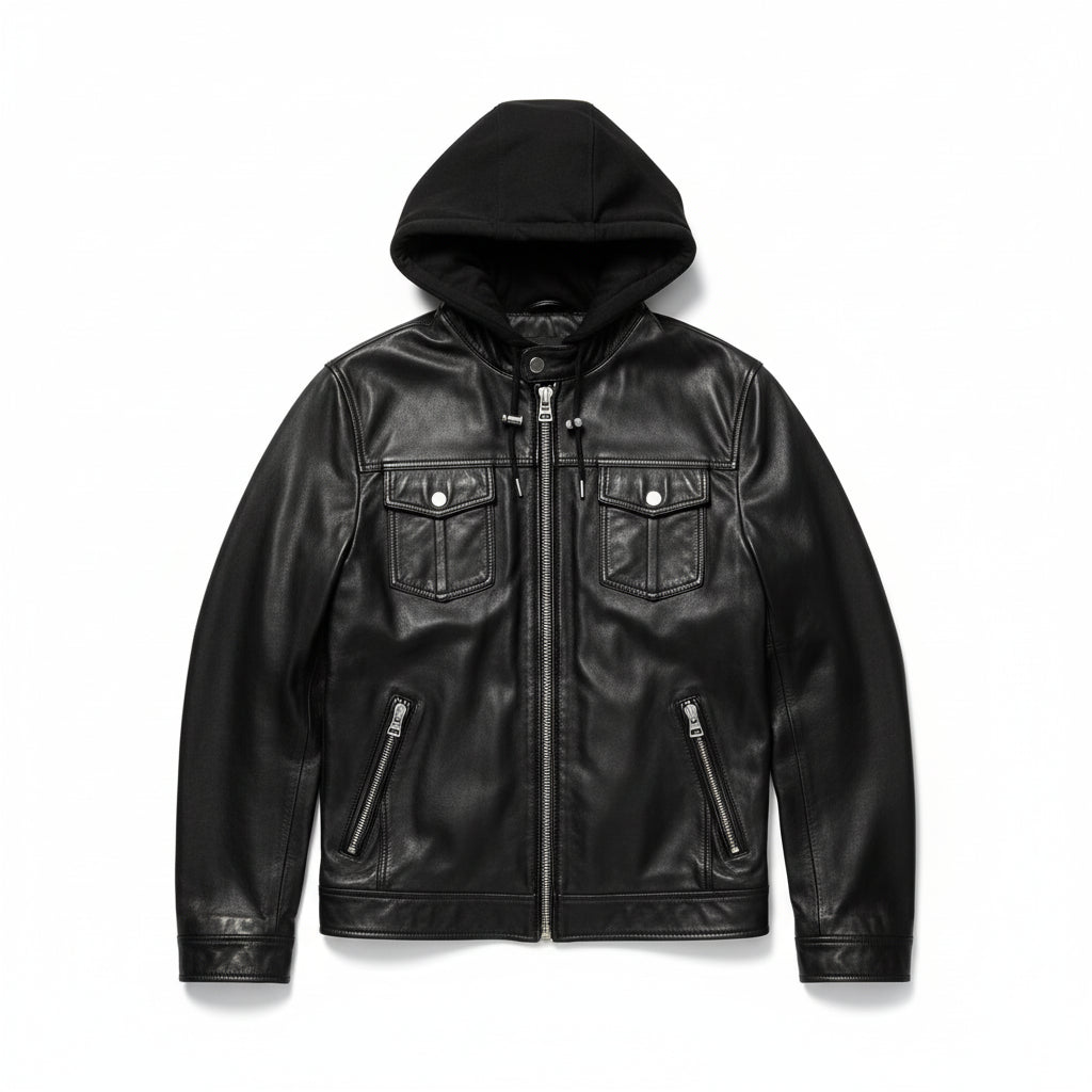close-up-lay-flat - Punk Men Hooded Leather Jacket Black Biker Leather Jacket Fashion Jacket