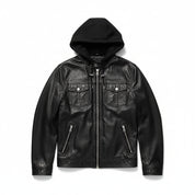 close-up-lay-flat - Punk Men Hooded Leather Jacket Black Biker Leather Jacket Fashion Jacket