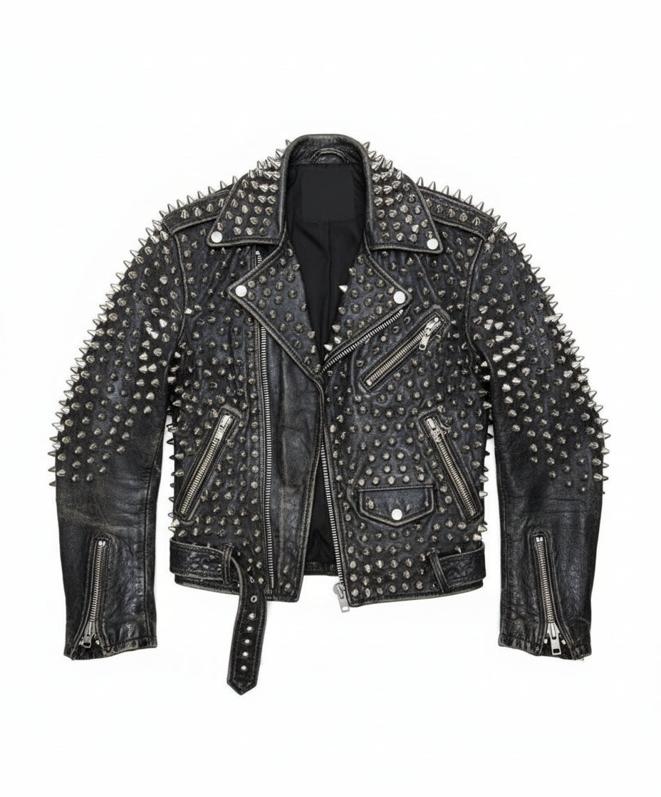 close-up-lay-flat - Punk Men Silver Studded Custom Patches Long Spike Brando Belted Jacket
