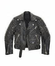 close-up-lay-flat - Punk Men Silver Studded Custom Patches Long Spike Brando Belted Jacket