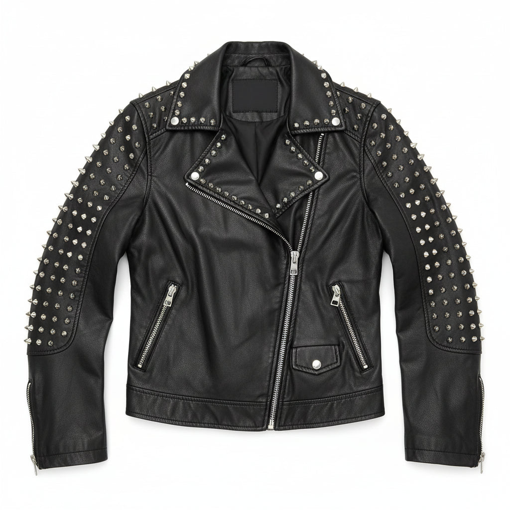 close-up-lay-flat - Punk New Women Style Short Studded Leather Jacket, Fashion Jacket for Women
