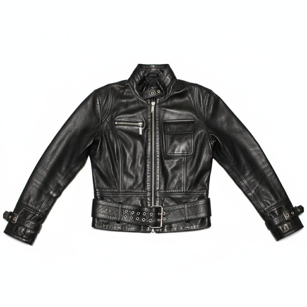 close-up-lay-flat - Punk Women Black Leather Belted Jacket, Women Style Leather Jacket