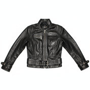 close-up-lay-flat - Punk Women Black Leather Belted Jacket, Women Style Leather Jacket