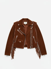 close-up-lay-flat - Punk Women Brown Rock Style Studded Fringe Jacket, Biker Suede Jacket
