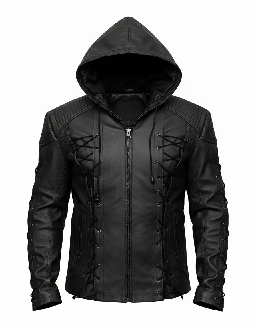 close-up-lay-flat - Roy Harper Black Arrow Jacket, Men Leather Jacket Celebrity Jackets For