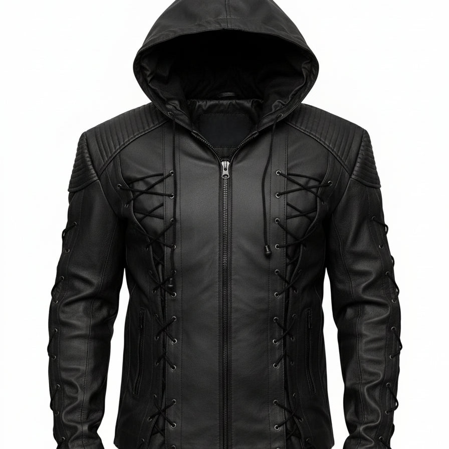 close-up-lay-flat - Roy Harper Black Arrow Jacket, Men Leather Jacket Celebrity Jackets For