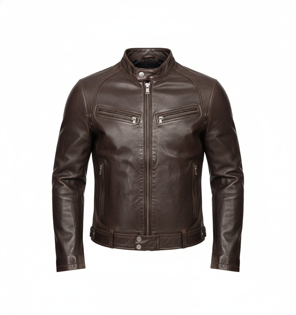 close-up-lay-flat - Vintage Men Brown Leather Racers Cafe Biker Jackets, Biker Jackets