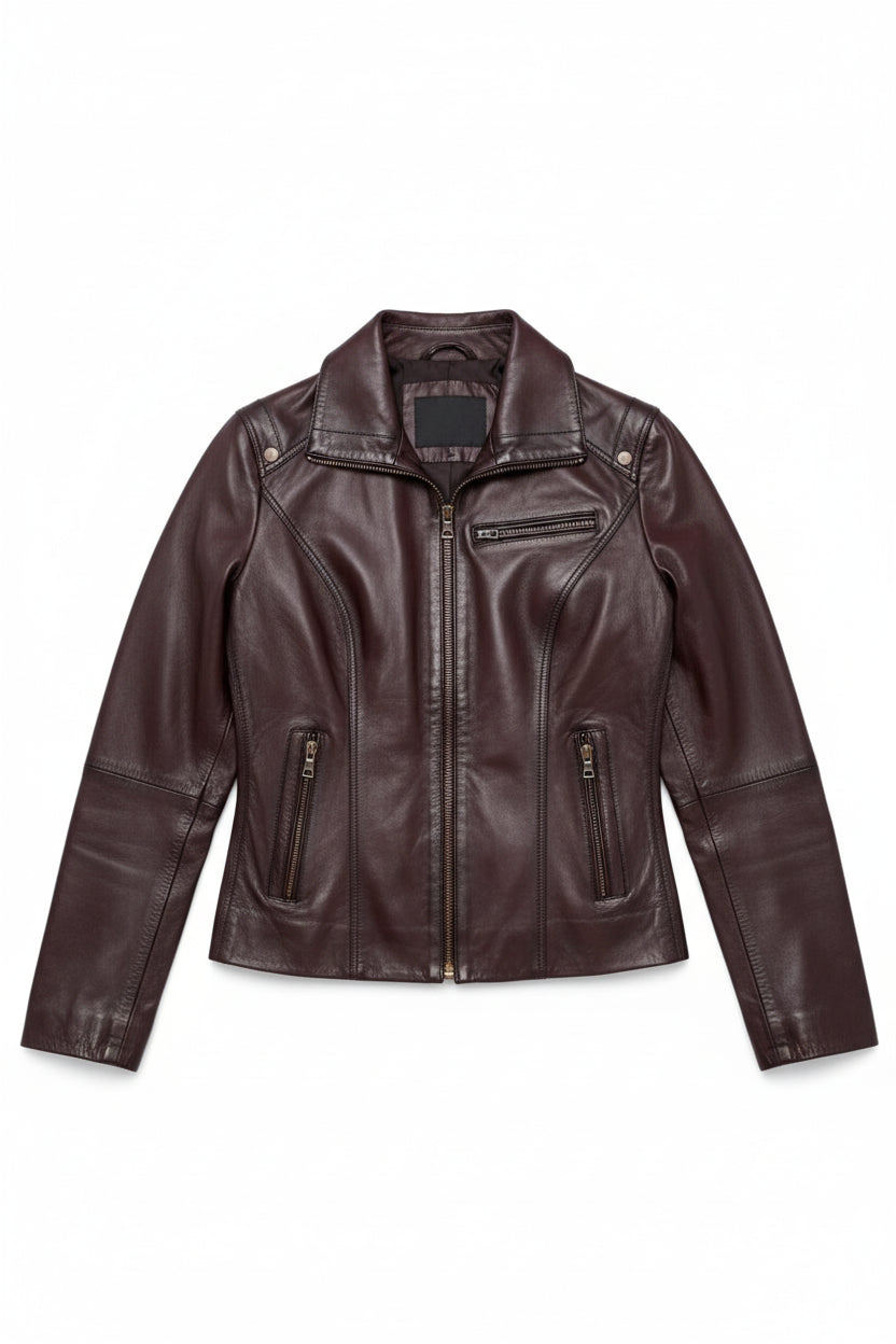 close-up-lay-flat - Women antique Brown leather Jacket, Women multi Pocket biker jacket Jacket