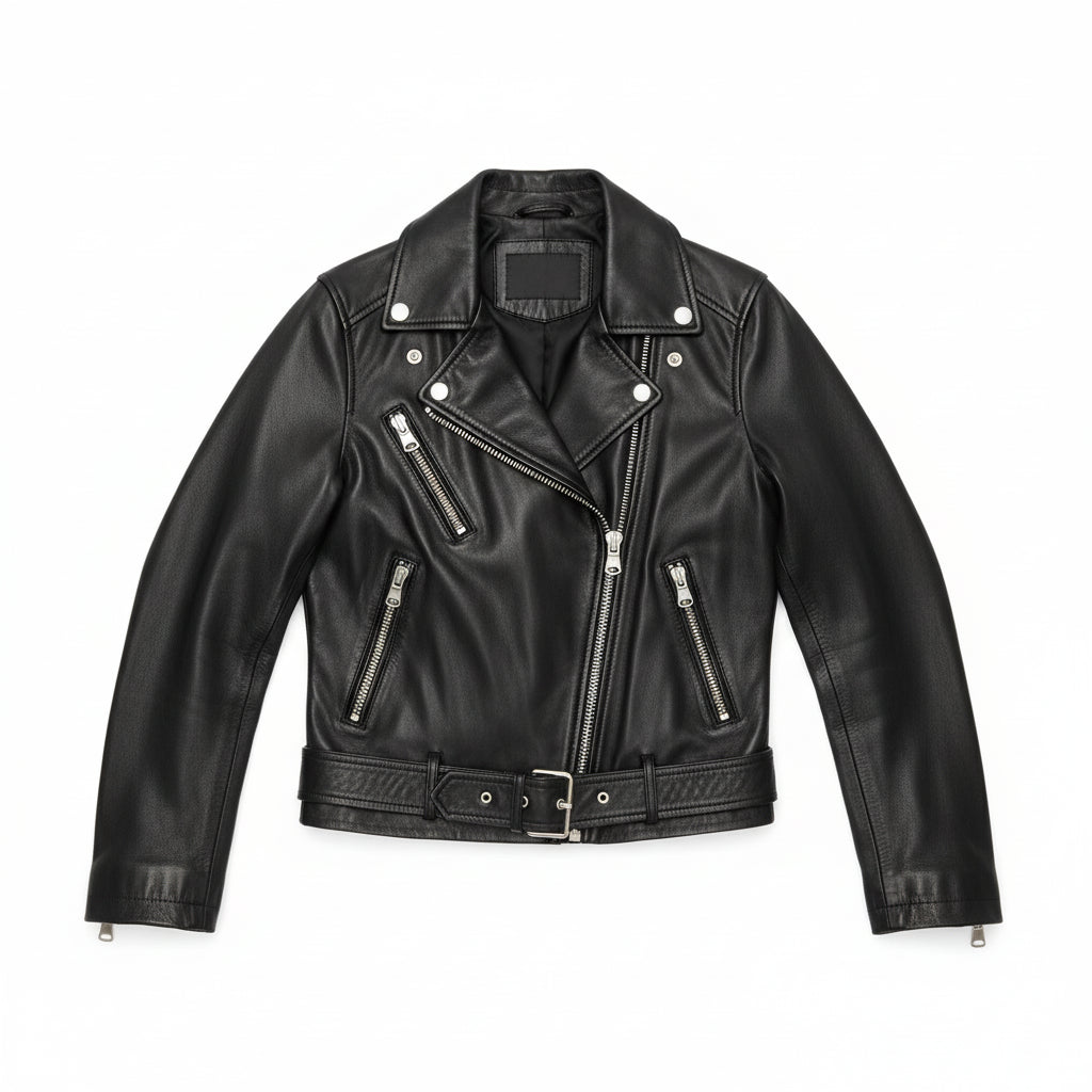 close-up-lay-flat - Women black Biker leather Jacket, Sheepskin Belted jacket for women