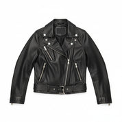 close-up-lay-flat - Women black Biker leather Jacket, Sheepskin Belted jacket for women