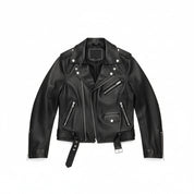 close-up-lay-flat - Women Black Leather moto Jacket, Womens Fashion black leather belted Jacket