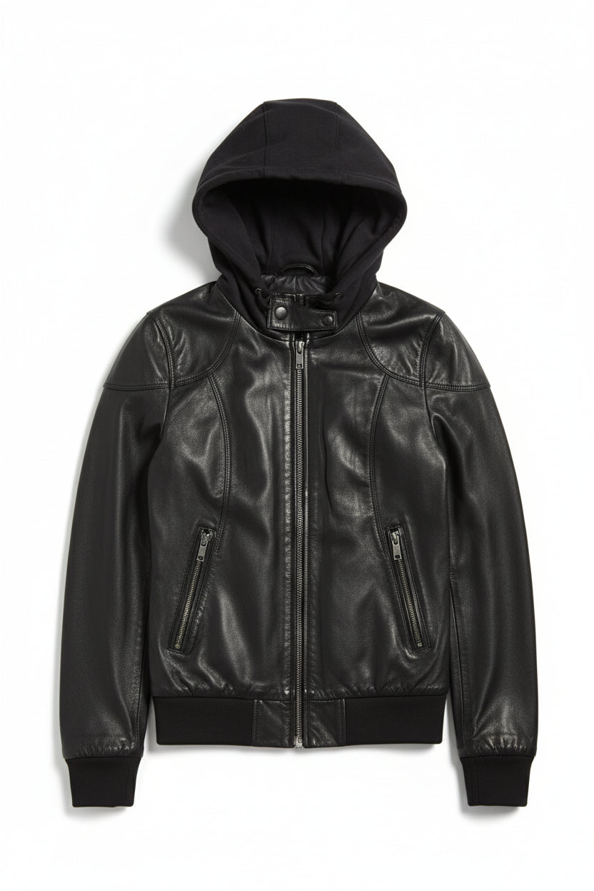 close-up-lay-flat - Women Black Removable Hooded Black Leather Jacket, Biker Style Jacket