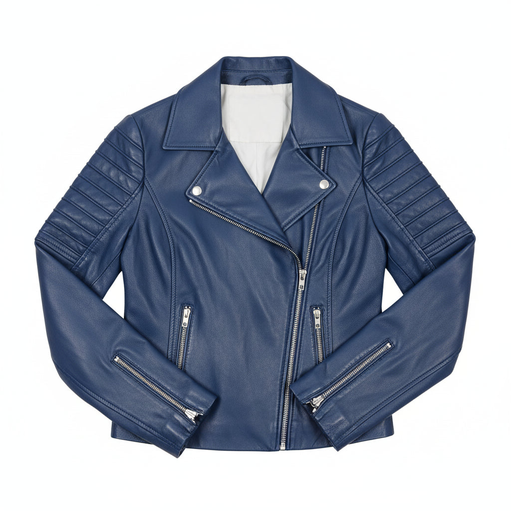 close-up-lay-flat - Women blue biker leather jacket, Women leather jacket, Motorcycle jacket