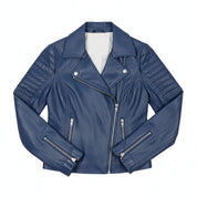 close-up-lay-flat - Women blue biker leather jacket, Women leather jacket, Motorcycle jacket
