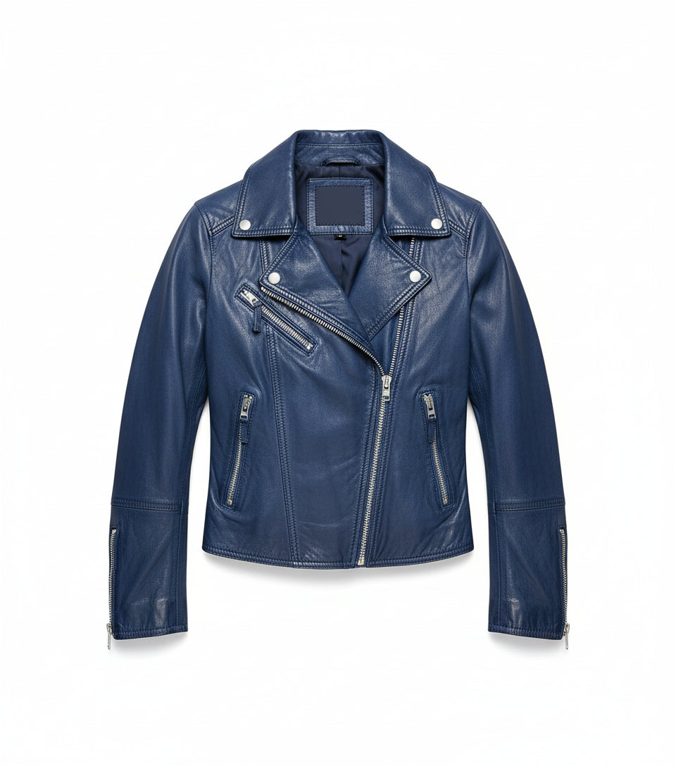 close-up-lay-flat - Women Blue Leather Slimfit Biker Fashion Jacket, Party Jacket for Women