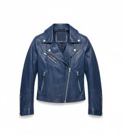 close-up-lay-flat - Women Blue Leather Slimfit Biker Fashion Jacket, Party Jacket for Women