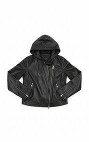 close-up-lay-flat - Women's Asymmetrical Moto Leather Jacket, Leather Hooded Jacket, Women's Biker Jacket, Women's Motorcycle Jacket