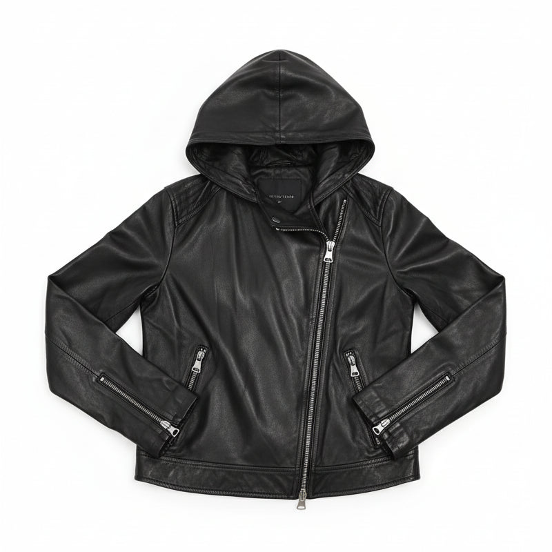 close-up-lay-flat - Women's Asymmetrical Moto Leather Jacket, Leather Hooded Jacket, Women's Biker Jacket, Women's Motorcycle Jacket