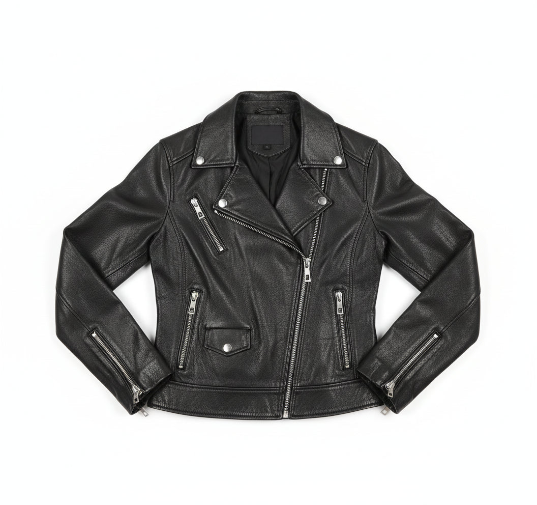 close-up-lay-flat - Women's Biker Leather Jacket, Women's Moto Jacket, Leather Motorcycle Jacket, Women's Leather Jacket