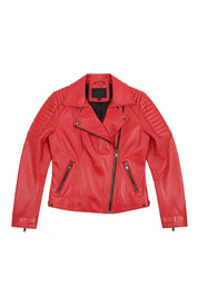 close-up-lay-flat - Women's Biker Leather Jacket, Women's Moto Jacket, Red Leather Jacket, Handmade Biker Jacket