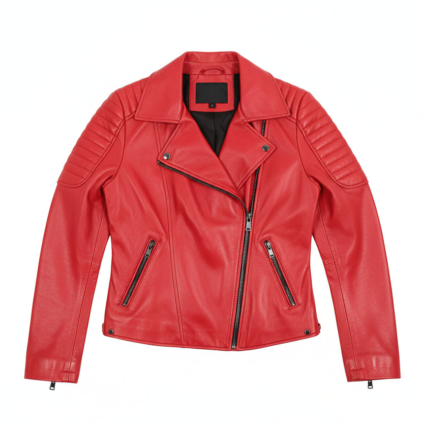close-up-lay-flat - Women's Biker Leather Jacket, Women's Moto Jacket, Red Leather Jacket, Handmade Biker Jacket