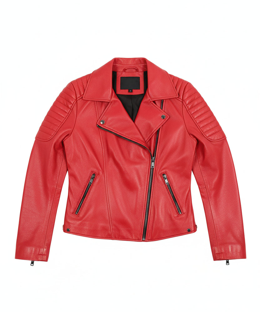 close-up-lay-flat - Women's Biker Leather Jacket, Women's Moto Jacket, Red Leather Jacket, Handmade Biker Jacket