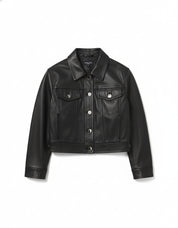 close-up-lay-flat - Women's Cropped Black Leather Jacket with Buttoned Closure