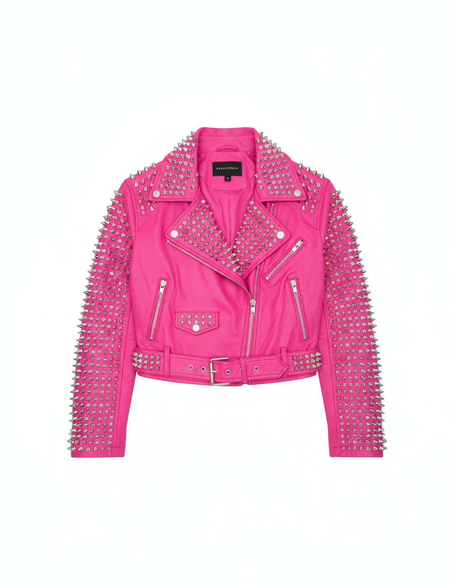 close-up-lay-flat - Women's Hot Pink Studded Leather Moto Jacket