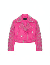 close-up-lay-flat - Women's Hot Pink Studded Leather Moto Jacket