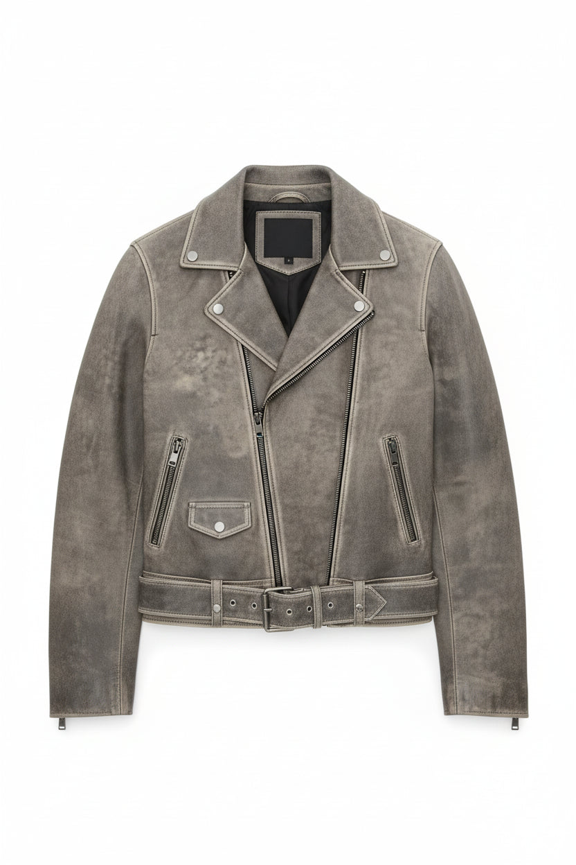 close-up-lay-flat - Women's Moto Jacket, Leather Motorcycle Jacket, Women's Biker Leather Jacket, Distressed Leather Moto Jacket