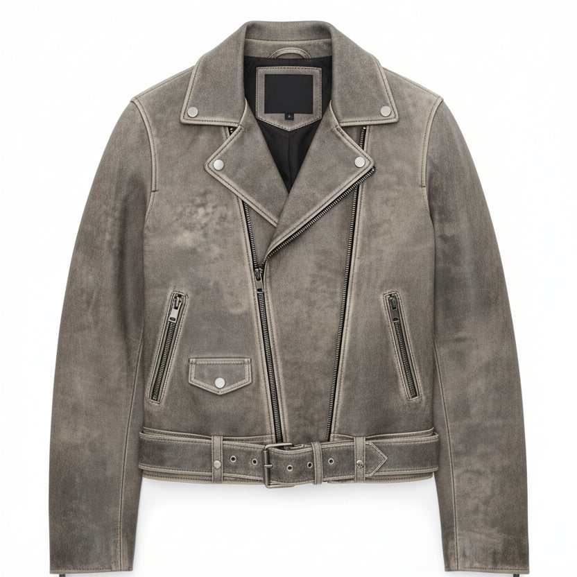 close-up-lay-flat - Women's Moto Jacket, Leather Motorcycle Jacket, Women's Biker Leather Jacket, Distressed Leather Moto Jacket