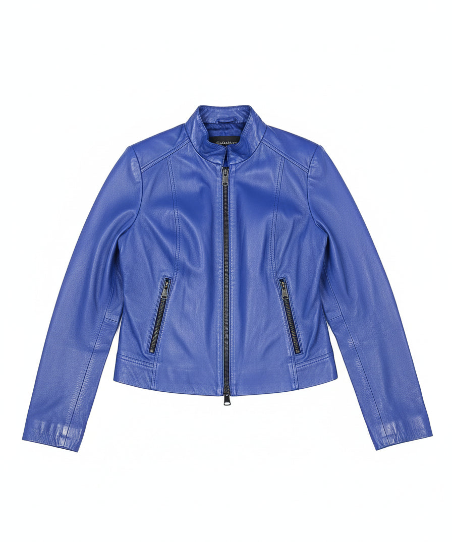 close-up-lay-flat - Women's Moto Leather Jacket, Bright Blue Biker Jacket, Stylish Leather Motorcycle Jacket, Handmade Women's Leather Jacket