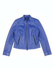 close-up-lay-flat - Women's Moto Leather Jacket, Bright Blue Biker Jacket, Stylish Leather Motorcycle Jacket, Handmade Women's Leather Jacket