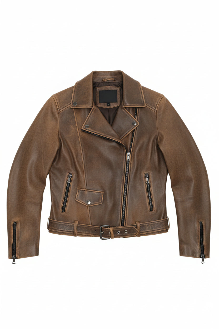 close-up-lay-flat - Women's Moto Leather Jacket, Distressed Biker Jacket, Handmade Motorcycle Jacket, Vintage Leather Jacket