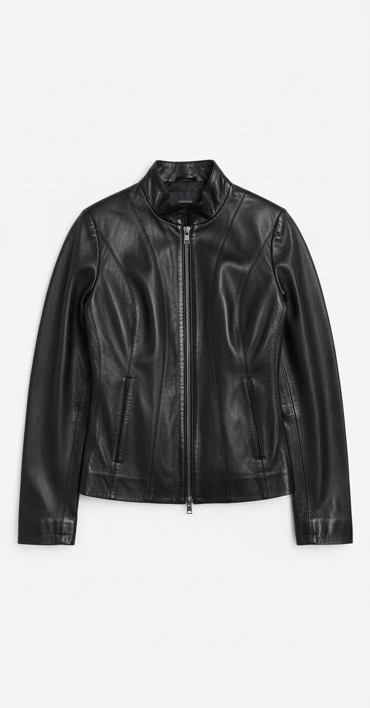 close-up-lay-flat - Women's Racer Leather Jacket, Women's Moto Jacket, Leather Biker Jacket, Women's Motorcycle Jacket