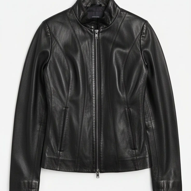 close-up-lay-flat - Women's Racer Leather Jacket, Women's Moto Jacket, Leather Biker Jacket, Women's Motorcycle Jacket