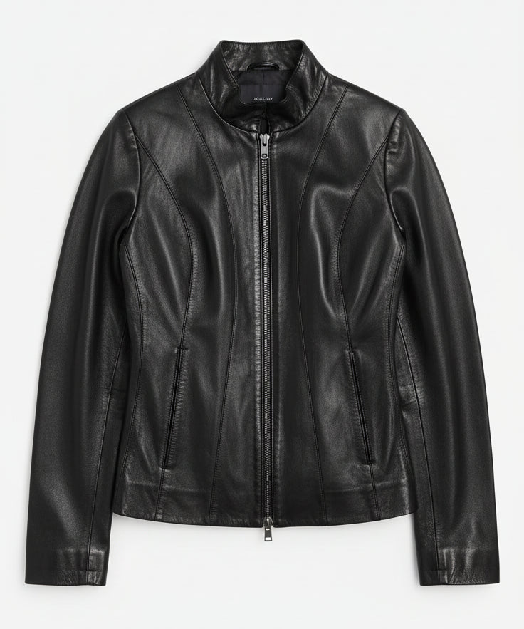 close-up-lay-flat - Women's Racer Leather Jacket, Women's Moto Jacket, Leather Biker Jacket, Women's Motorcycle Jacket