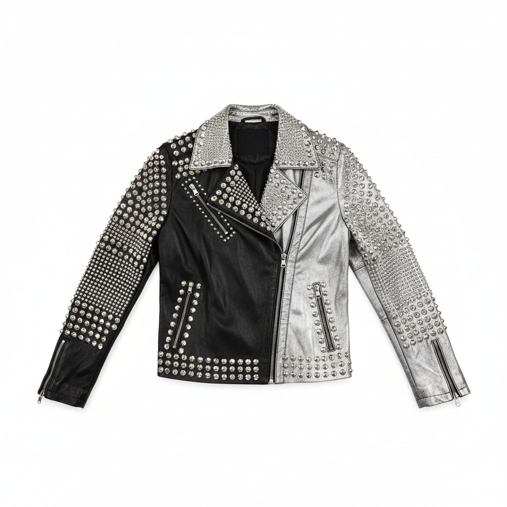 close-up-lay-flat - Women's Two Tone Punk Studded Leather Motorbike Jacket