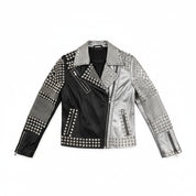 close-up-lay-flat - Women's Two Tone Punk Studded Leather Motorbike Jacket