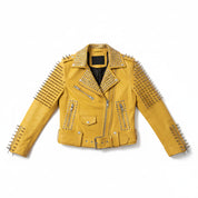 close-up-lay-flat - Women's Yellow Studded Spiked Cowhide Moto Jacket