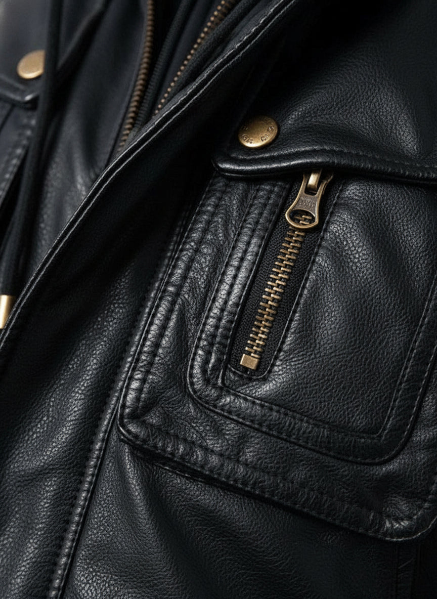 close-up-leather - Biker Motorcycle Winter Hooded Leather Jacket, Men Hooded Jacket