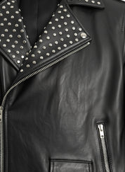 close-up-leather - Fashion Leather Silver Studded Real Soft Leather Biker Style Jacket For Men