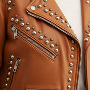 close-up-leather - Gothic Women Brown Leather Studded Jacket, Rock Style Fashion Jacket