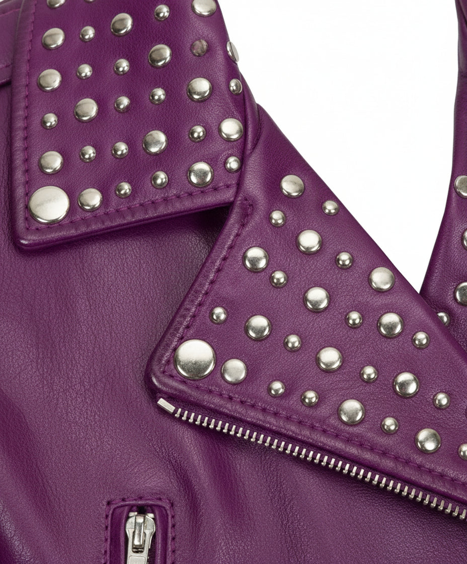 close-up-leather - Gothic Women Purple Leather Studded Biker Jacket, Women Biker Jacket