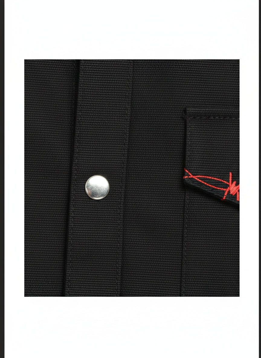 close-up-leather - Hand sewn men denim devil jacket, Satan skull printed denim jean jacket