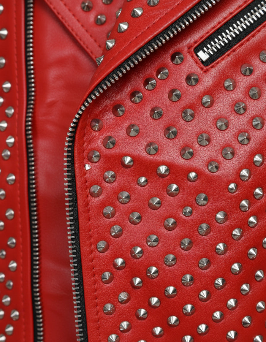 close-up-leather - Hand Studded Red spiked leather jacket for men, Rivet Punk studded jacket
