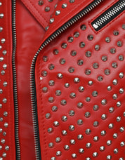 close-up-leather - Hand Studded Red spiked leather jacket for men, Rivet Punk studded jacket